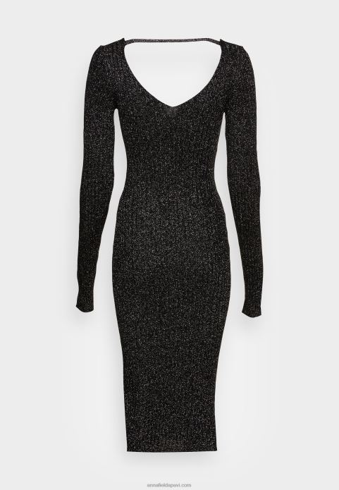 sievietes lurex v-ausschnitt midi stricckleid shift kleita melna 2LHT197 Anna Field